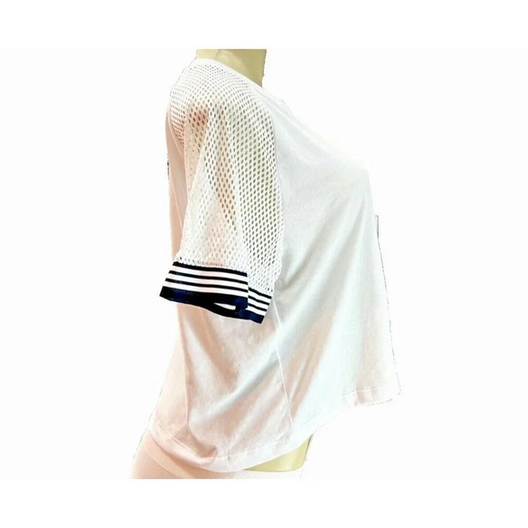 Adidas L White Logo Aeroready Crew Short Mesh Striped Sleeves Ringer Crop Tee - Picture 5 of 6